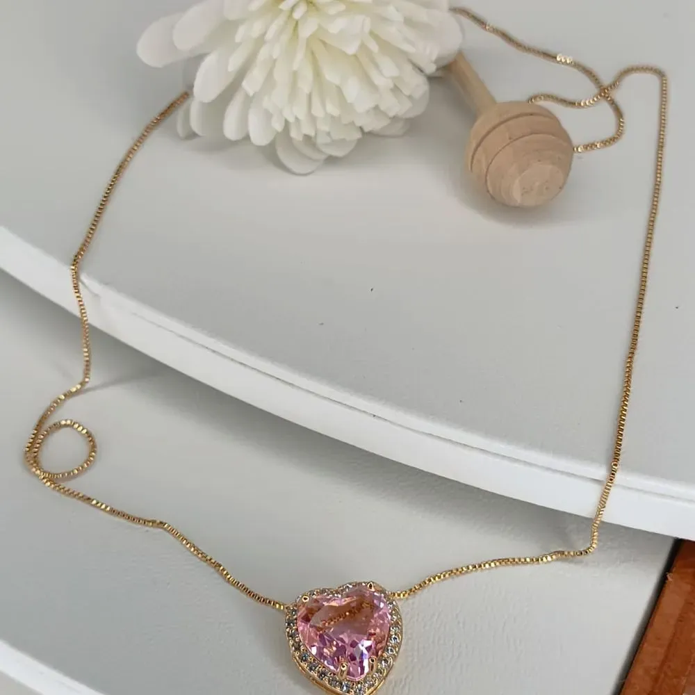 COLAR CORAÇÃO PEDRA ROSA  CRAVEJADO P