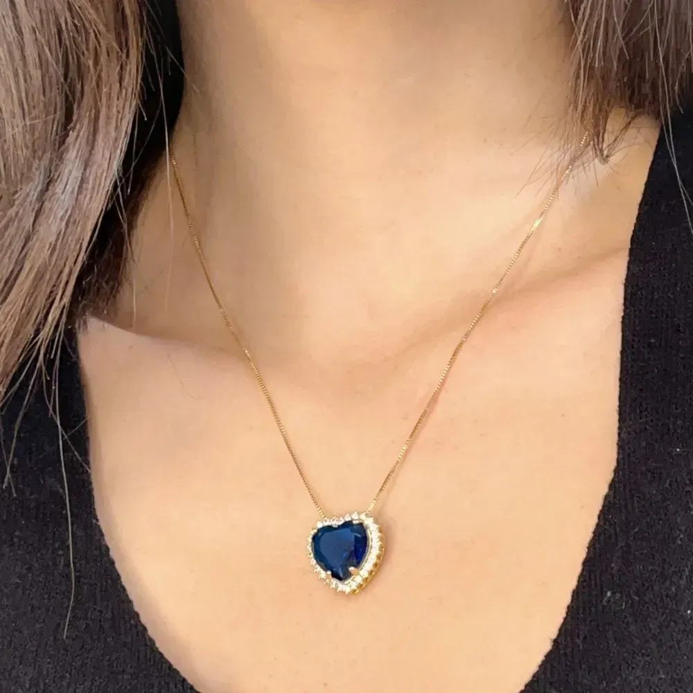 COLAR CORAÇÃO PEDRA TURQUESA CRAVEJADO P