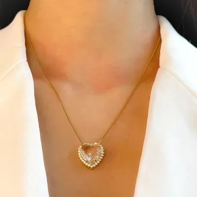 COLAR DE CORAÇÃO PEDRA CRISTAL E CRAVEJADO